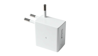 Compact, white, electrical power adapter with pins, port, and plug detail