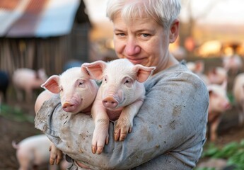 Woman Holding Piglets in Barn. It shows a woman with piglets in a barn. Suited for farm life, animal care, or rural lifestyle-related projects like ads, blogs, and educational materials.