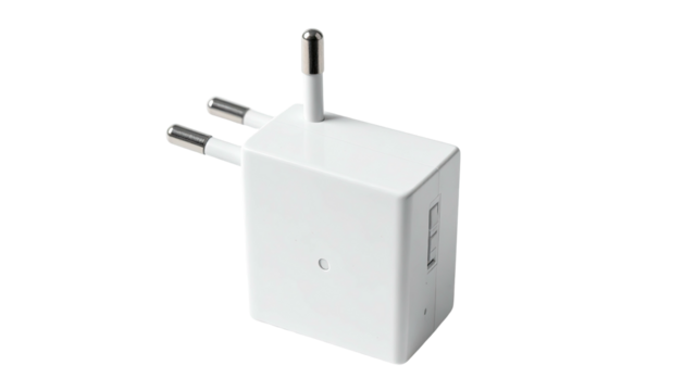 Compact, white, electrical power adapter with pins, port, and plug detail