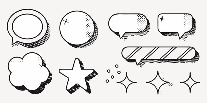 Trendy retro comic bubbles and star shapes for vibrant social media posts or fun website design, add a playful touch with these scalable design elements