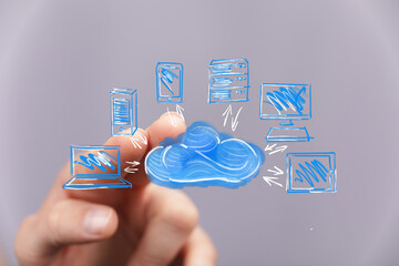Hand interacting with cloud computing network graphic. Digital devices connected to cloud. Technology concept.