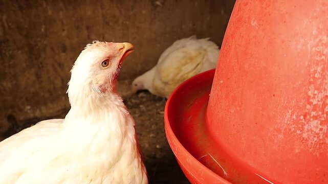 Close-up of a broiler chicken drinking water from a drinker. The bird dips its beak, lifts its head, and uses gravity to swallow, showing the biological drinking process in poultry farming.
