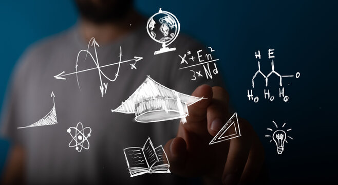 A hand interacts with digital holographic projections of education and science symbols like a graduation cap, globe, and light bulb, symbolizing