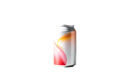 A sleek, silver soda can with abstract, colorful design on black background