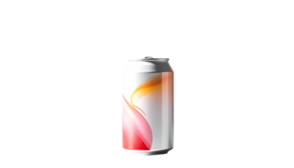 A sleek, silver soda can with abstract, colorful design on black background