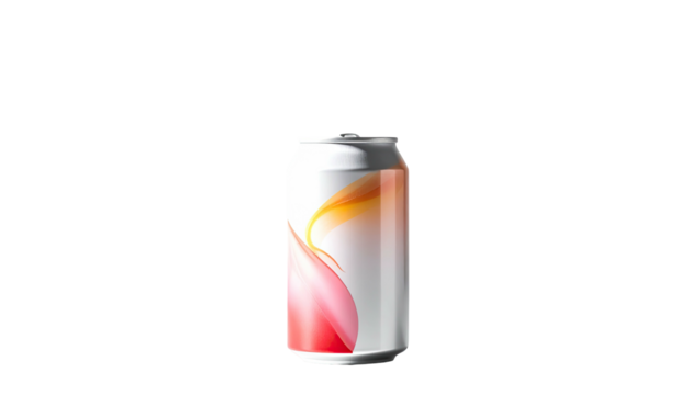 A sleek, silver soda can with abstract, colorful design on black background