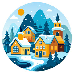Vector illustration of idyllic winter scene with snowcovered houses and pine trees, a bright sun shining in the sky, creating a picturesque and festive holiday atmosphere