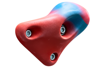 Red and blue rock climbing holds for a gym wall on a transparent background