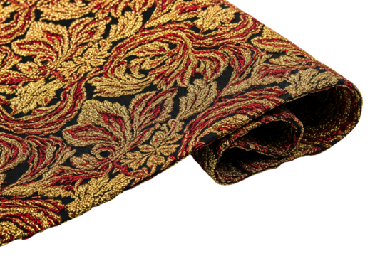 Folded luxury brocade fabric with an ornate gold and red pattern on a transparent background - Powered by Adobe