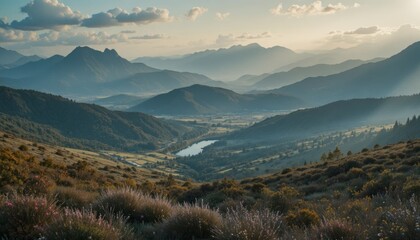 Breathtaking mountain vista with serene lake and rolling hills