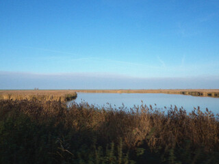 Lake in the morning. Beautiful natural flyer, card design. Nature Template for presentation or product