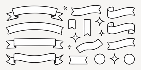 Charming hand-drawn ribbon banner collection offers versatile accents for invitations, scrapbooks, and creative designs, adding a touch of whimsical flair