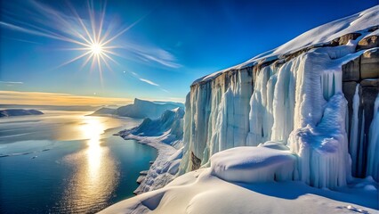 Icy cliff overlooking a sunlit fjord