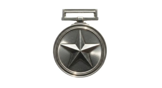 Isolated ornate vintage medal with star emblem hanging from rectangular attachment piece