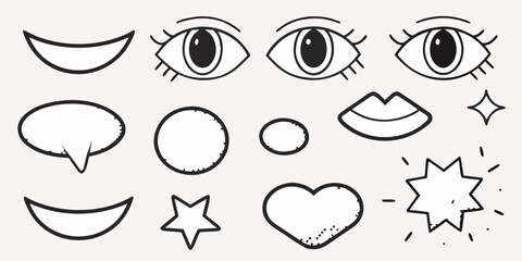 Expressive doodle sheet featuring eyes, mouth, and heart shapes, perfect for adding a playful touch to social media posts or branding materials