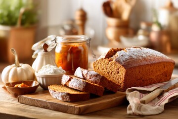Fresh pumpkin bread on wooden board in cozy rustic kitchen setting with warm decor, autumnal homemade baking concept.