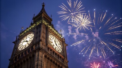 Ring in the New Year with Dazzling Fireworks Over London's Iconic Big Ben Clock Tower at Twilight, Capturing the Joy of a Festive Celebration