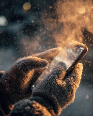 Frosty Hands Holding a Smartphone on a Cold Winter Evening
