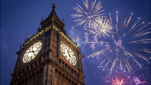 Ring in the New Year with Dazzling Fireworks Over London's Iconic Big Ben Clock Tower at Twilight, Capturing the Joy of a Festive Celebration - Powered by Adobe