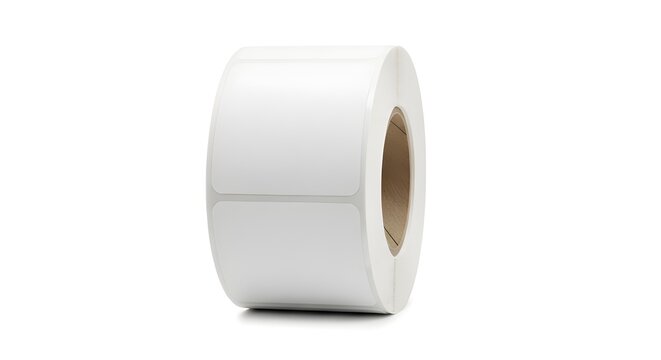 Blank white adhesive label roll for thermal printing and packaging isolated on white background