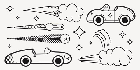 Whimsical cartoon style cars and cosmic shooting stars, dreamy travel adventures and imaginative exploration, playful journey and boundless imagination © Umar