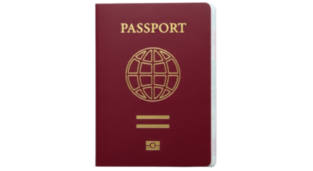 Isolated burgundy passport book with gold graphics ready for a visa stamp for international travel