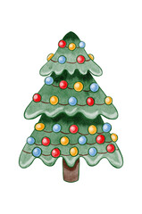 Christmas tree with garland and decorations. Christmas and New Year's cards with tree decorations and gifts. New Year. Christmas. Watercolor. Postcard.