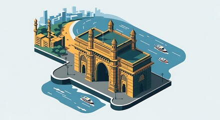 Gateway of India, Mumbai, India: Isometric Illustration with Boats