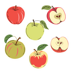 Apples set in flat modern minimalistic style. Farm fresh fruit collection. Sort of apples. Vector illustrations isolated on white background.