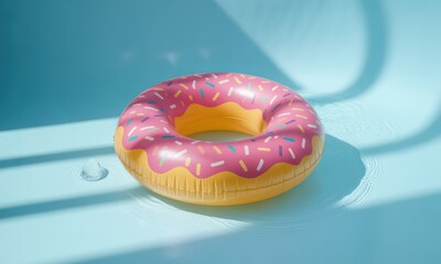 A bright yellow inflatable donut float resting in a light teal pool.  Pink icing and sprinkles decorate the float.  Sunbeams cast shadows on the water