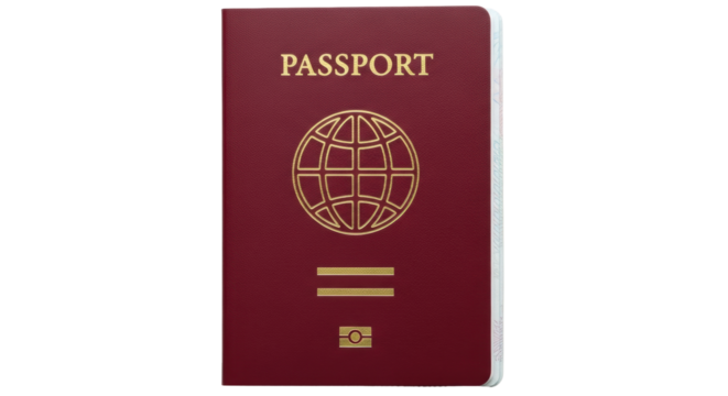 Isolated burgundy passport book with gold graphics ready for a visa stamp for international travel