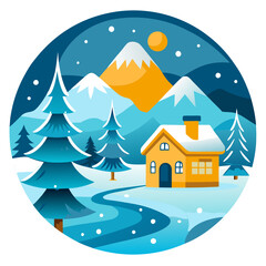 Vector illustration of charming flat illustration of a cozy house nestled among snowcovered trees and mountains under a starry winter night sky with a bright moon