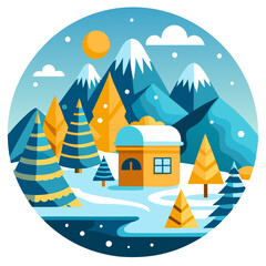 Vector illustration of stylized flat illustration of a winter scene with a small house and snowcovered trees against majestic blue mountains and a bright sun