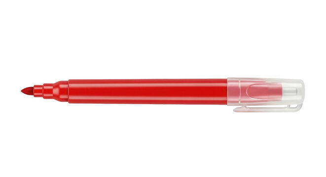 Isolated red marker pen with cap, art supply for drawing and writing, design element