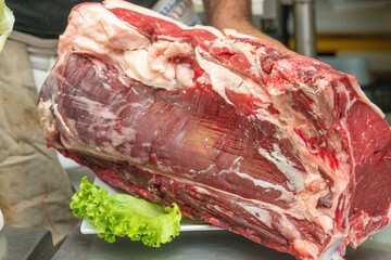 Fresh meat selection showcasing different cuts in a professional kitchen setting