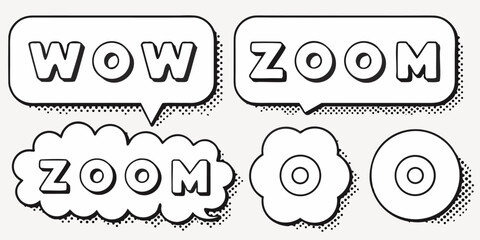 Dynamic comic bubbles with bold text 'WOW' and 'ZOOM' for impactful designs, perfect for adding playful emphasis and engaging messages to your creative projects