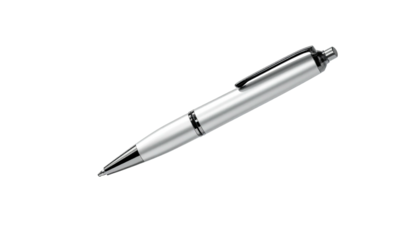 A sleek, silver writing instrument with a shiny metal clip and black accents is seen