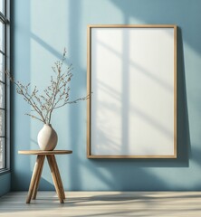 Naklejka premium Wood side table, vase with twigs near big empty frame mock up poster with copy space against blue wall. Scandinavian home interior design of modern living room, Generative AI