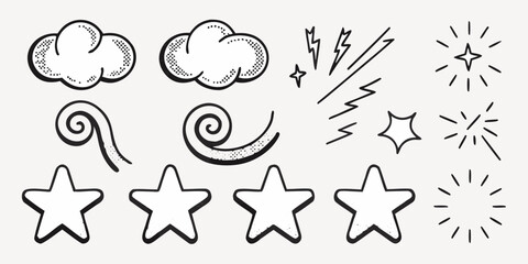Playful celestial doodles with clouds, stars, and lightning bolts create a whimsical magical atmosphere, perfect for children's designs and creative projects