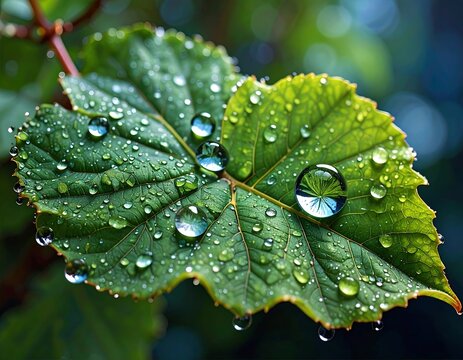 Close-up of a vibrant green leaf covered in glistening water droplets (1)