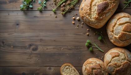 Rustic artisan bread loafs on wooden background with herb garnish