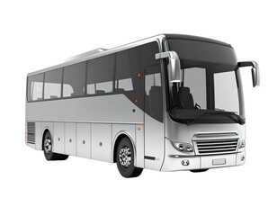 Sleek, silver coach bus, slightly angled right, against a black background