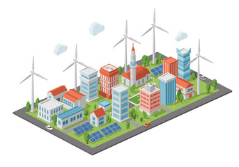Sustainable Cityscape Renewable Energy and Green Living Illustration.