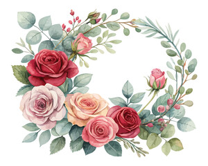 Watercolor Floral Wreath with Roses and Eucalyptus Leaves isolated on white background