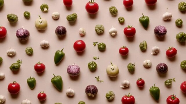 Assorted tiny vegetables scattered on a pink background: cherry tomatoes, mini peppers, garlic bulbs, shallots, and Brussels sprouts.