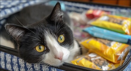 Cat in Packed Suitcase. It shows a black - and - white cat nestled in a suitcase with travel snacks. Great for pet travel blogs, animal - friendly travel ads.