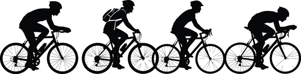 Obraz premium Silhouette of four cyclists riding bicycles in a row, cyclists are in different positions and wearing different gear