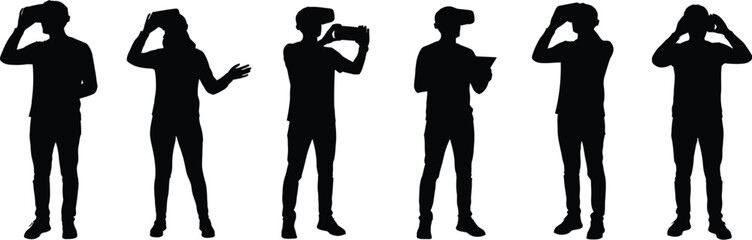 Silhouettes of people wearing virtual reality headsets, experiencing immersive digital worlds
