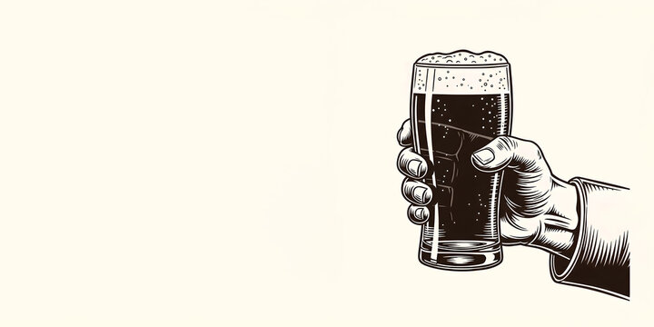 Hand holding beer mug with froth. Glass pint alcohol with foam. Refreshing relax alcoholic drink concept. Vintage retro style illustration for pub or Oktoberfest festival with copy space background