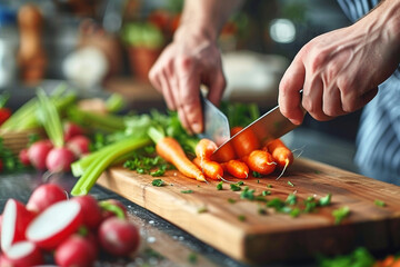 Hands Preparing Fresh Vegetables on Wooden Board for Healthy Meal at Kitchen